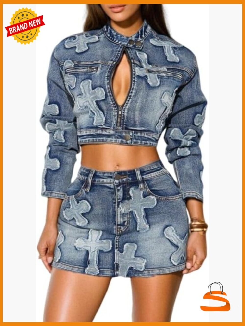 Long Sleeve Zipper Jean Jacket Top Bodycon Mini Skirt Set Y2K Outfits